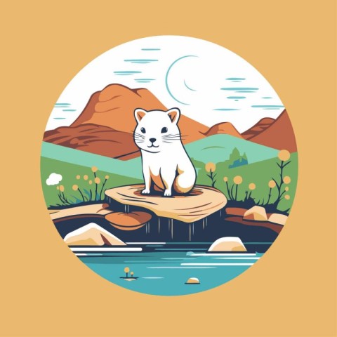 Vector illustration of a white bear on a log in the mountains.