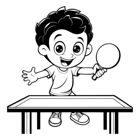 Boy Playing Table Tennis - Black and White Cartoon Illustration.