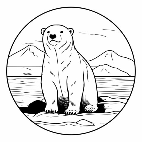 Polar bear on the beach. Vector illustration in black and white