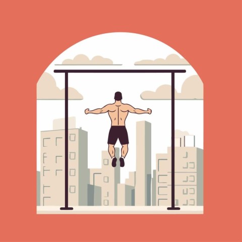 Man doing pull-ups in the city. Flat vector illustration.