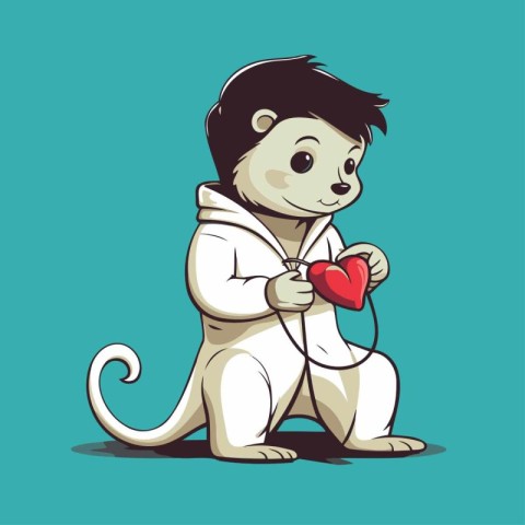 Cute little monkey with a red heart in his hand. Vector illustra