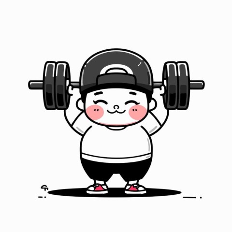 Cartoon fat boy doing exercise with barbell. Vector illustration