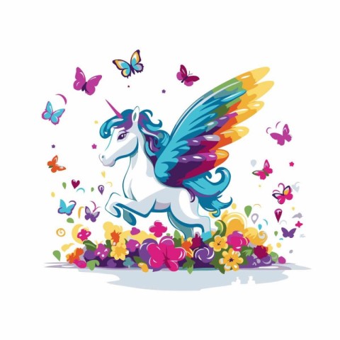 Cute unicorn with wings and flowers. butterflies. Vector illustr