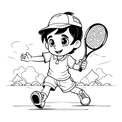 Cartoon boy playing tennis. Vector illustration of a boy playing