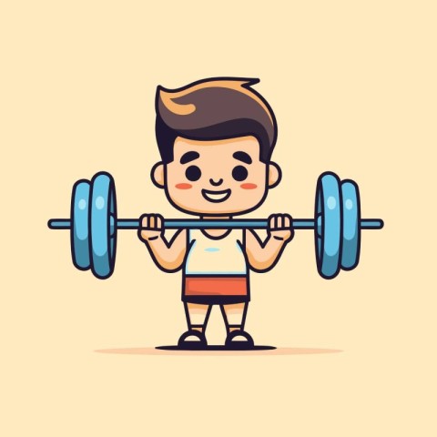 Cartoon boy lifting barbell. Flat design. Vector illustration.