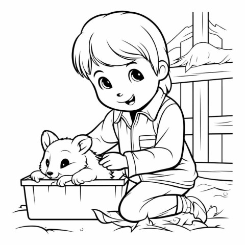 Black and white illustration of a boy with a rabbit in his hands