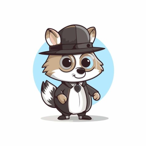 Cute cartoon raccoon in black hat and tie. Vector illustration.