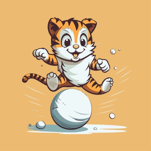 Cute tiger playing with snow ball. Vector illustration of cartoo