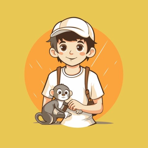 Vector illustration of a boy holding a cat. Cute cartoon charact