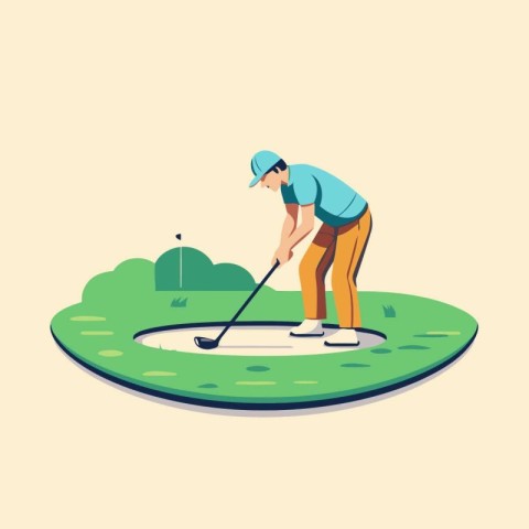 Golfer on golf course. Vector illustration in flat style.