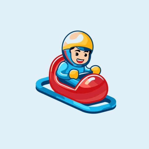 Cartoon smiling kid riding a sledge. Isolated vector illustratio