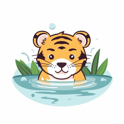 Cute tiger swimming in the water. Vector illustration in cartoon