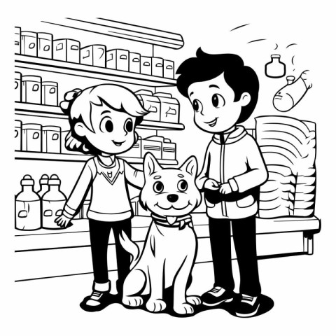 Black and White Cartoon Illustration of Kids Buying Dog in Groce