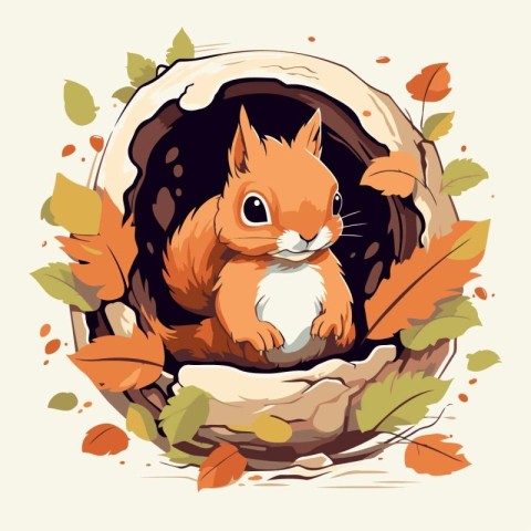 Cute squirrel sitting in a hole with autumn leaves. Vector illus