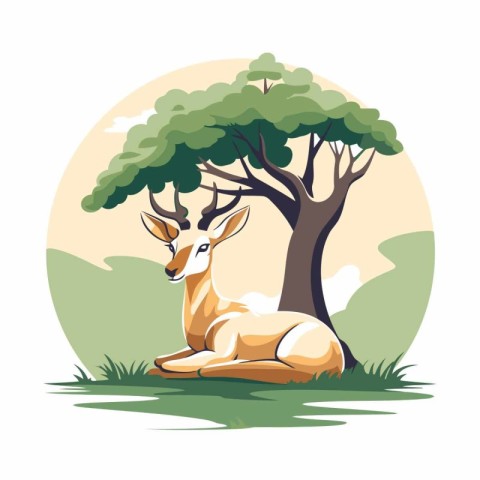 Deer sitting under a tree in the forest. Vector illustration.