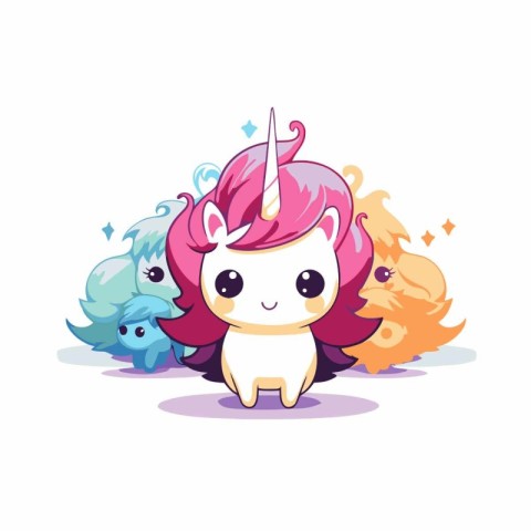 Cute unicorn with blue eyes and rainbow hair. Vector illustratio