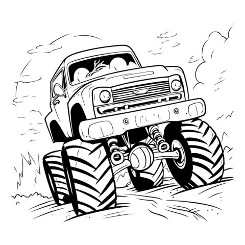 Off-road car on the road. Black and white vector illustration