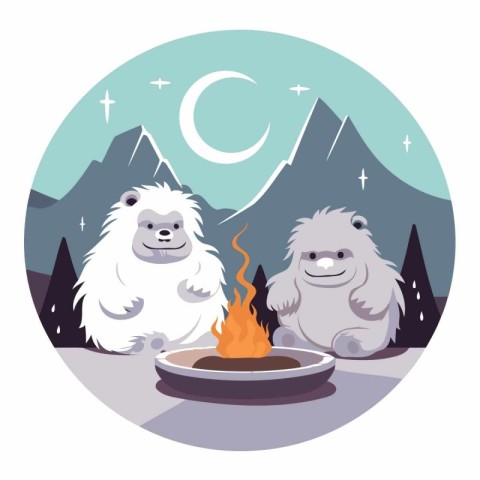 Bear and polar bear in the forest at night. Vector illustration.