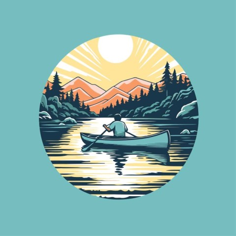 Kayak on the lake in the mountains. Vector illustration in retro