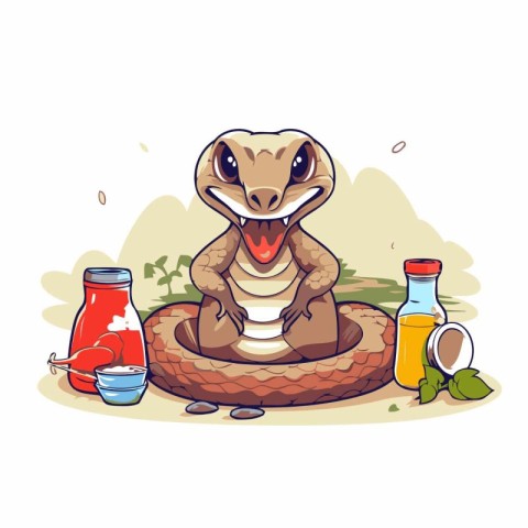 Cute cartoon snake with a bottle of milk. Vector illustration.