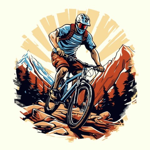 Mountain biker riding on the trail in the mountains. Vector illu