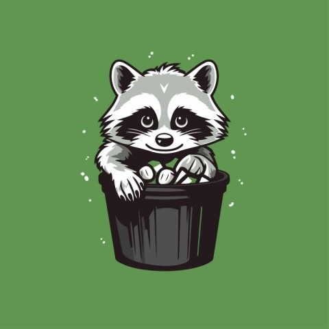 Raccoon in a bucket. Vector illustration on a green background.