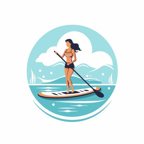 Young woman on stand up paddle board. Flat style vector illustra