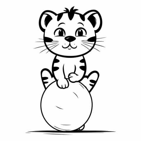 Cute little tiger sitting on a big ball. Vector illustration.