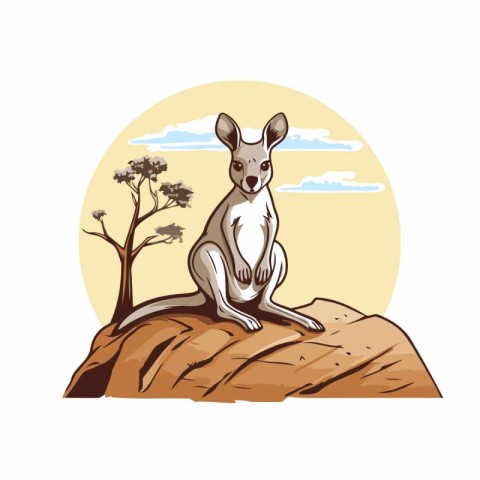 Kangaroo sitting on a rock in the desert. Vector illustration.