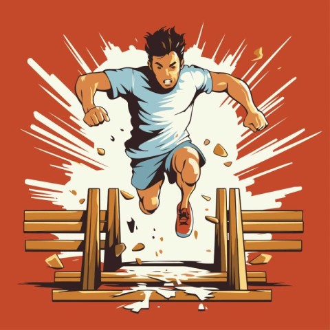 Vector illustration of a man jumping over a hurdle in grunge sty