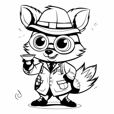 Black and White Cartoon Illustration of Cute Fox Detective Chara