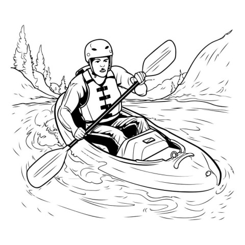 Illustration of a man kayaking on a river. Black and white versi