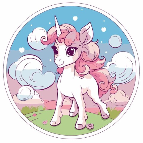 Cute cartoon unicorn in round frame. Vector illustration for you