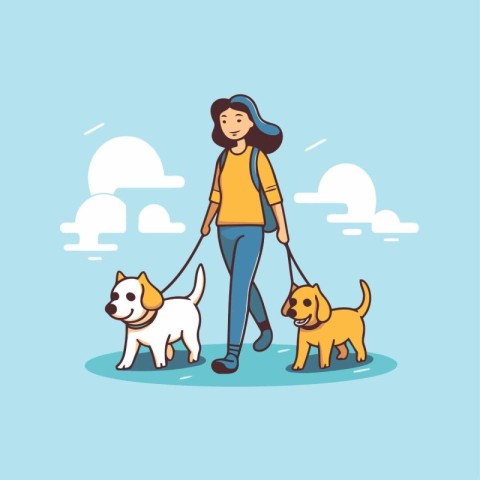 Woman walking with her dogs. Vector illustration in flat cartoon