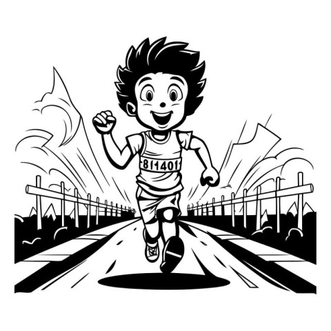 Boy running fast on the road. black and white vector illustratio