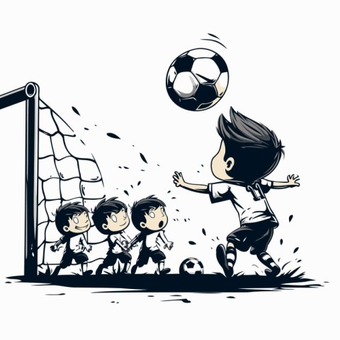 Soccer player kicking the ball into the goal. Vector illustratio