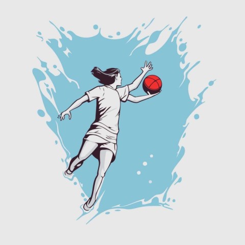 handball player with ball on blue grunge background. vector illu