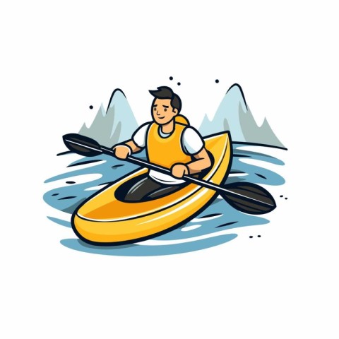 Man in a kayak on the river. Vector illustration in cartoon styl