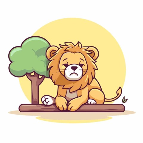 Cute lion sitting on the tree. Vector illustration of a cartoon