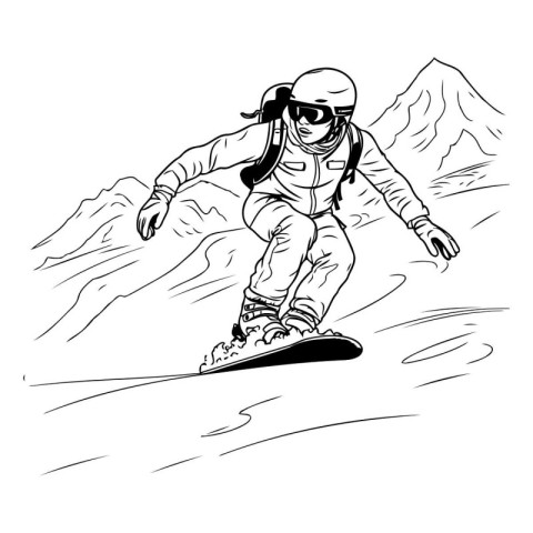 Snowboarder jumping in the mountains. Vector black and white ill