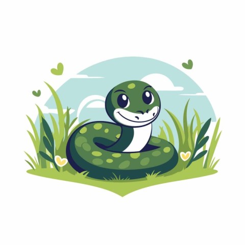 Cute green snake on the grass. Vector illustration in cartoon st