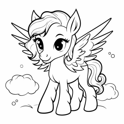 Cute cartoon unicorn with wings. black and white vector illustra