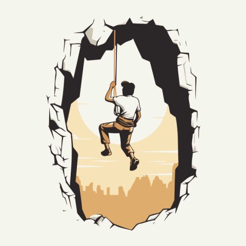 Rock climber climbing through a hole in the wall. vector illustr