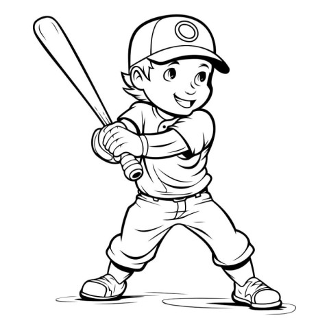 Baseball Player with Bat - Black and White Cartoon Illustration.