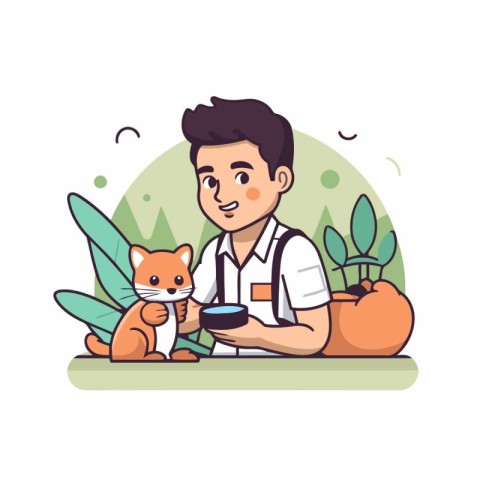 Veterinarian with a cat and a bowl of food. Vector illustration.