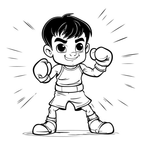 Cartoon illustration of a little boy boxing. Black and white ver