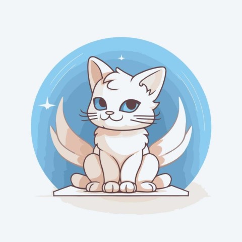 Cute cartoon cat with blue eyes sitting on the floor. Vector ill