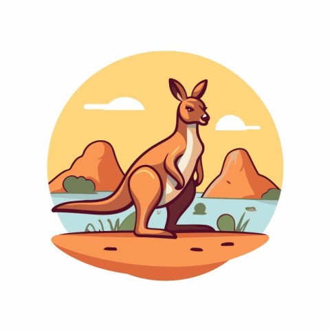 Kangaroo standing on the bank of the river. Vector illustration