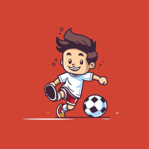 Cartoon soccer player with ball on red background. Vector illust