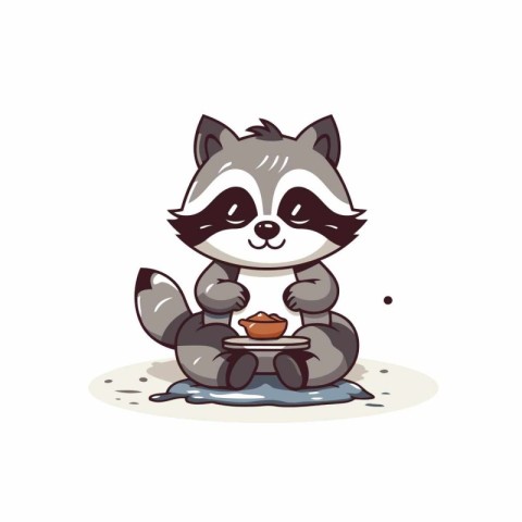 Cute cartoon raccoon sitting on the ground and eating a cup of c